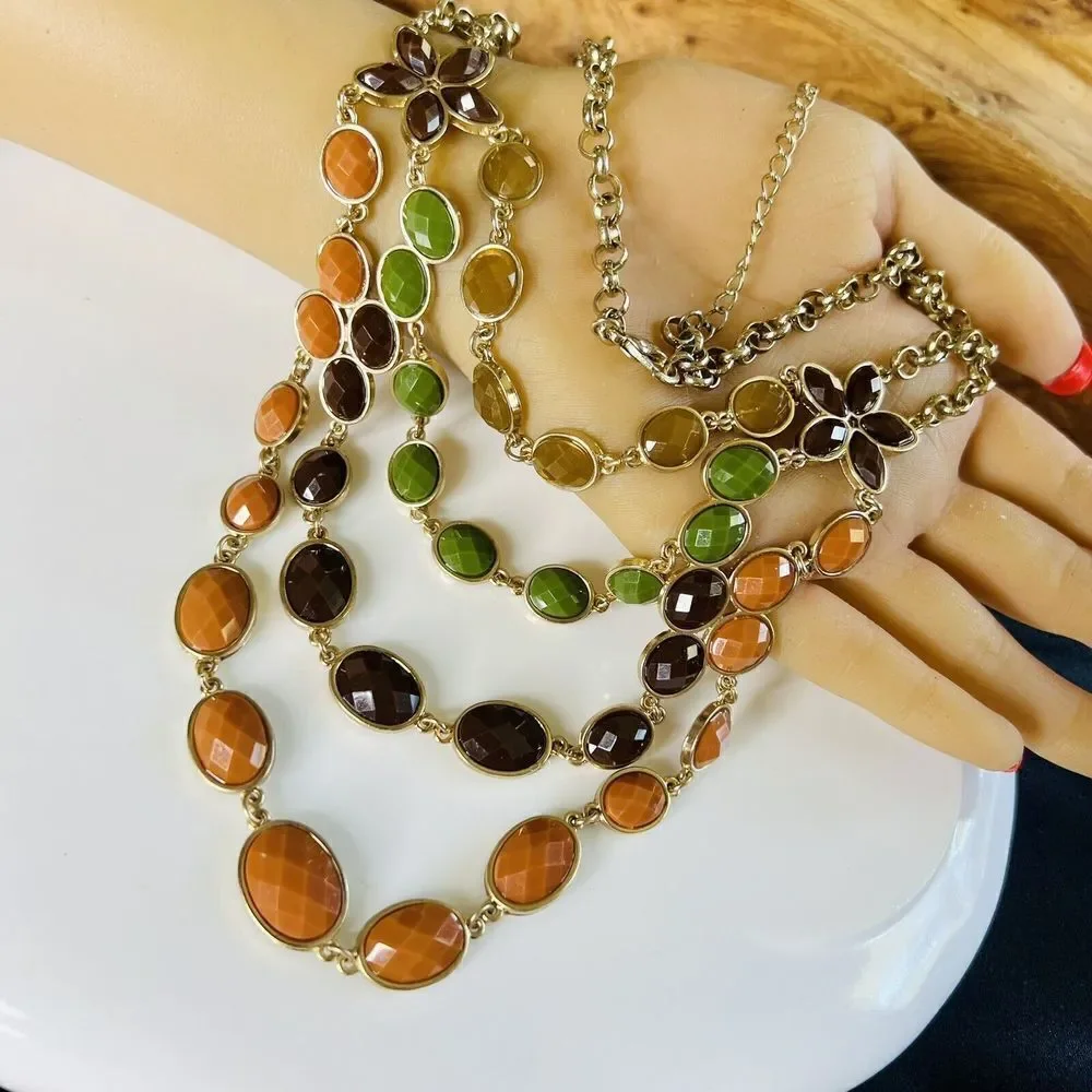 Beautiful Layered Multi Strand Necklace Earth Tone Faceted Beads Flower  4328